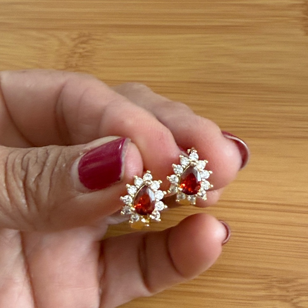 Gold and Red Teardrop Huggy Earrings
